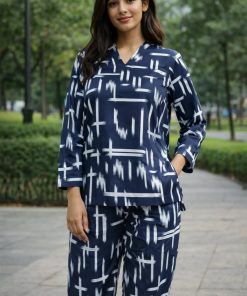 Navy Blue Abstract Printed Two-Piece Co-Ord Set